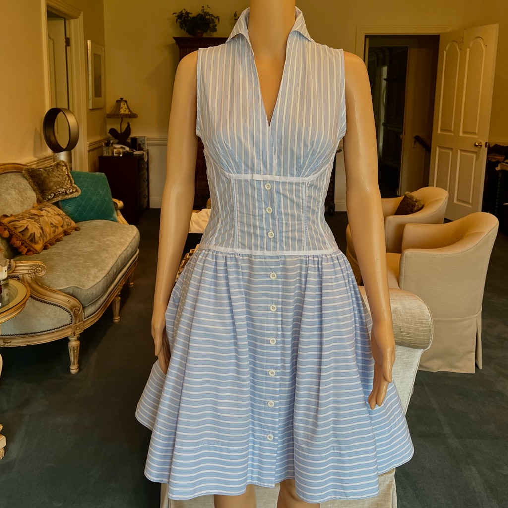 Byron Lars Beauty Mark Blue & White Striped Collared Sleeves Dress W/ Bow Detail